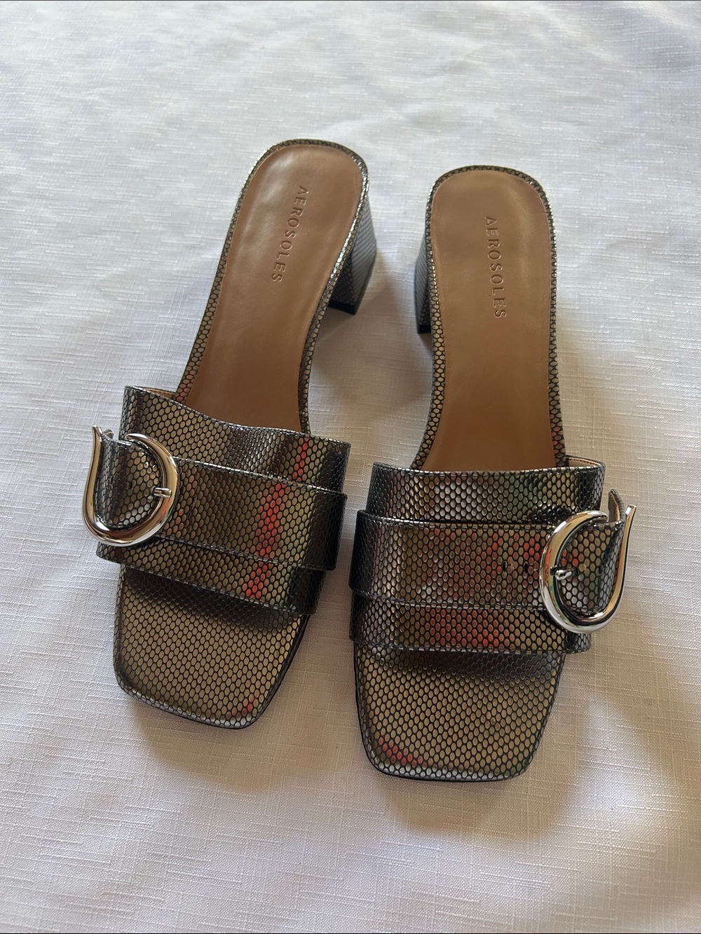 AEROSOLES Metallic Silver Buckle Slide Mules